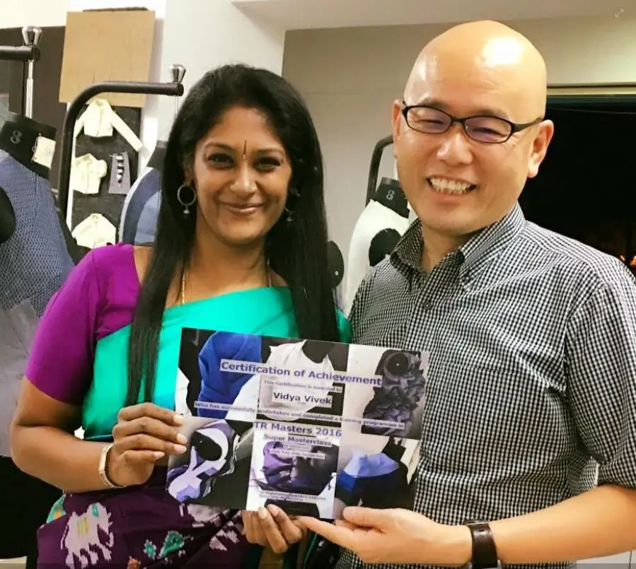 Vidya Vivek certified by Master Shingo Sato holding the TR Masters Super Masterclass Certificate