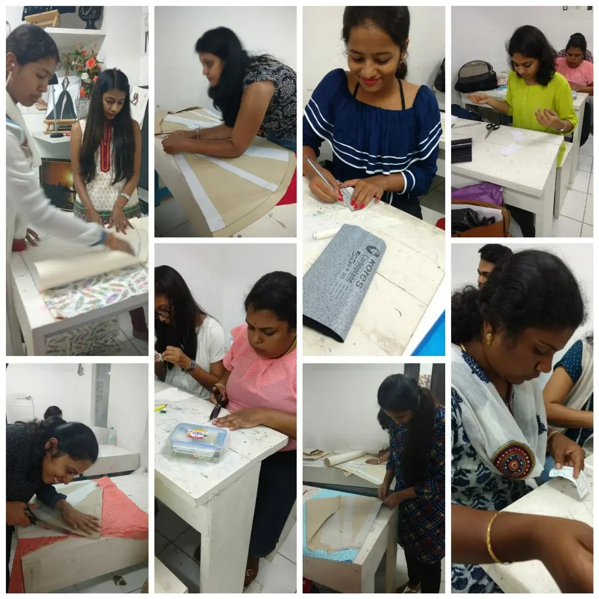 Students drafting bespoke pattern slopers at individual studio cutting tables in Jayanagar atelier